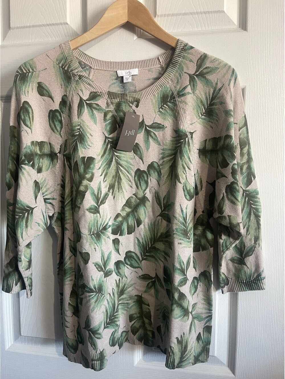 J. Jill Palm Leaf Sweater 3/4 Sleeve Extra Soft Lightweight Raglan NEW